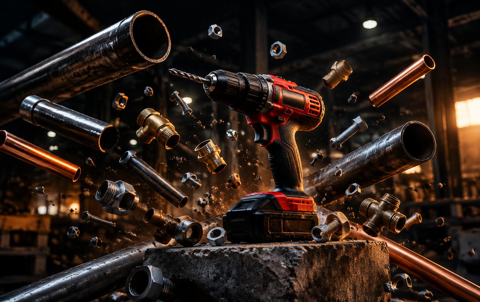 Drill surrounded by pipes, fittings and fasteners